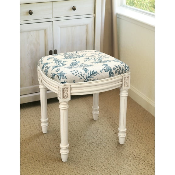 123 Creations Navy Blue Fern Vanity Stool with antique white finish