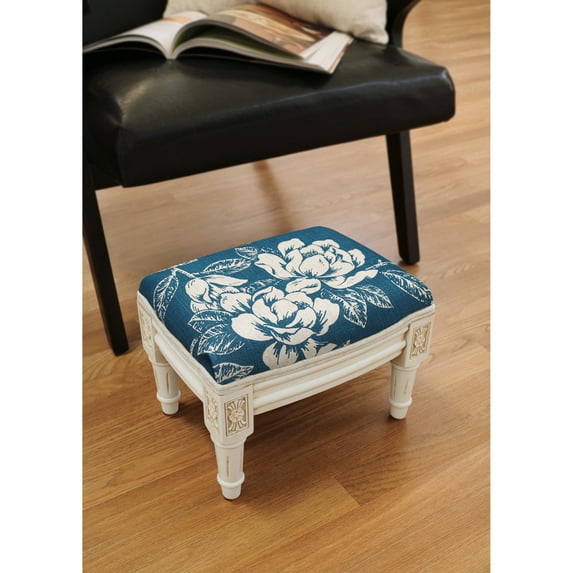 123 Creations Navy Blue Magnolia Footstool with antique white finish