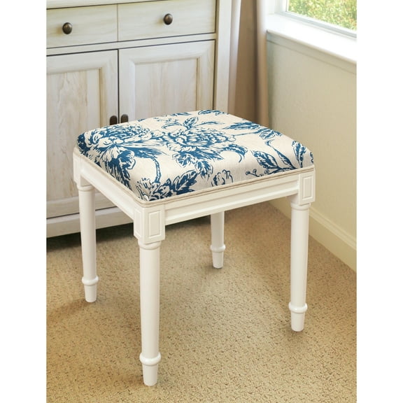 123 Creations Navy Blue Peony Vanity Stool with White Frame