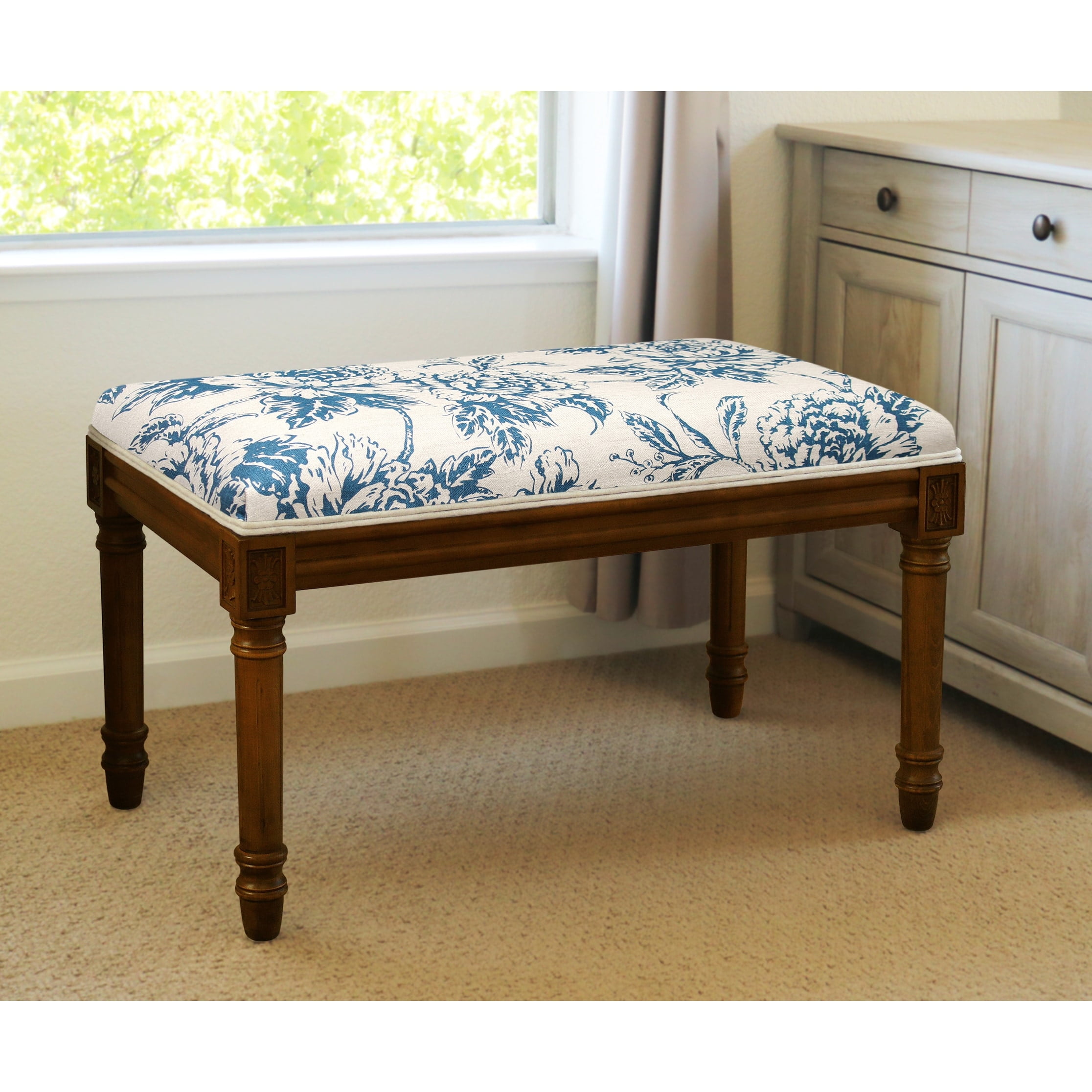 Navy Floral Linen Upholstered Wood Bench with Stain Finish