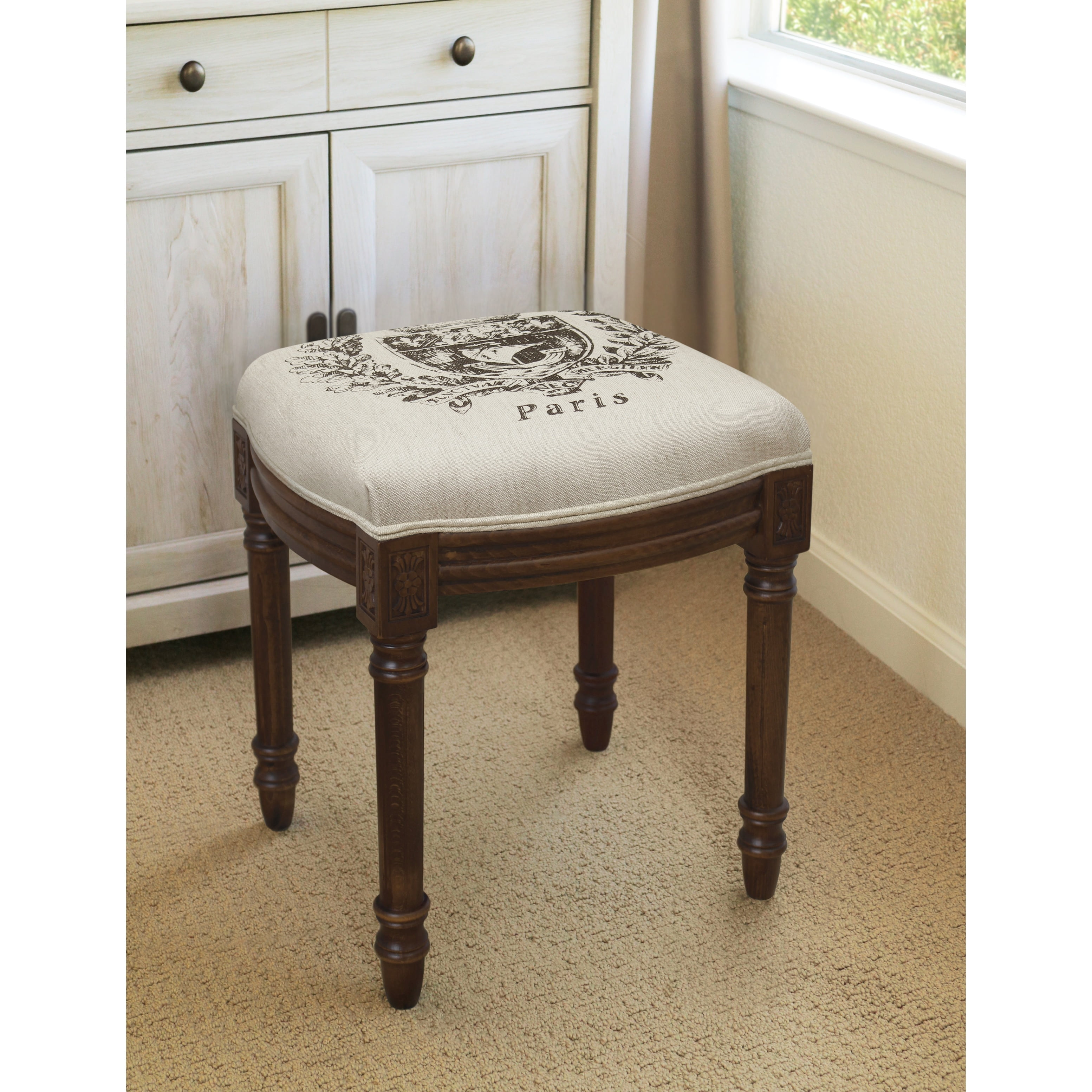 Paris Crest Chestnut Brown Wood and Linen Vanity Stool