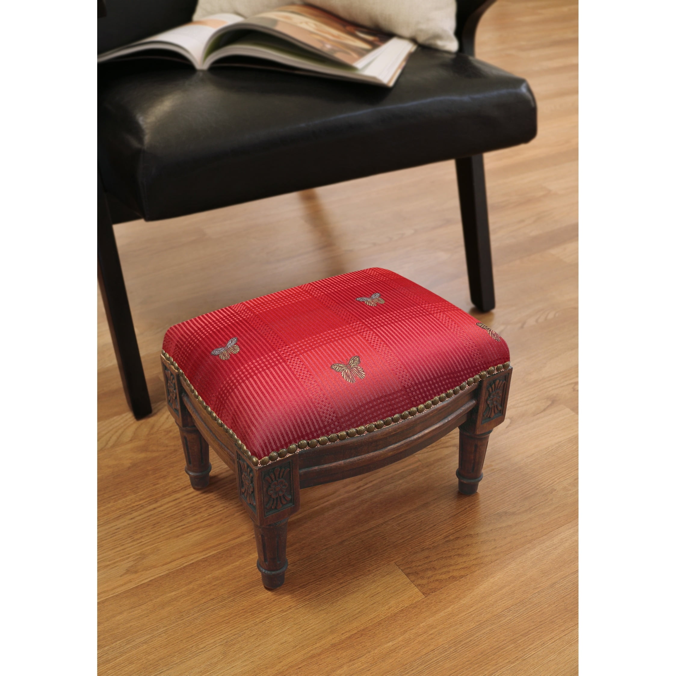 Red Linen Butterfly Footstool with Carved Wood Legs