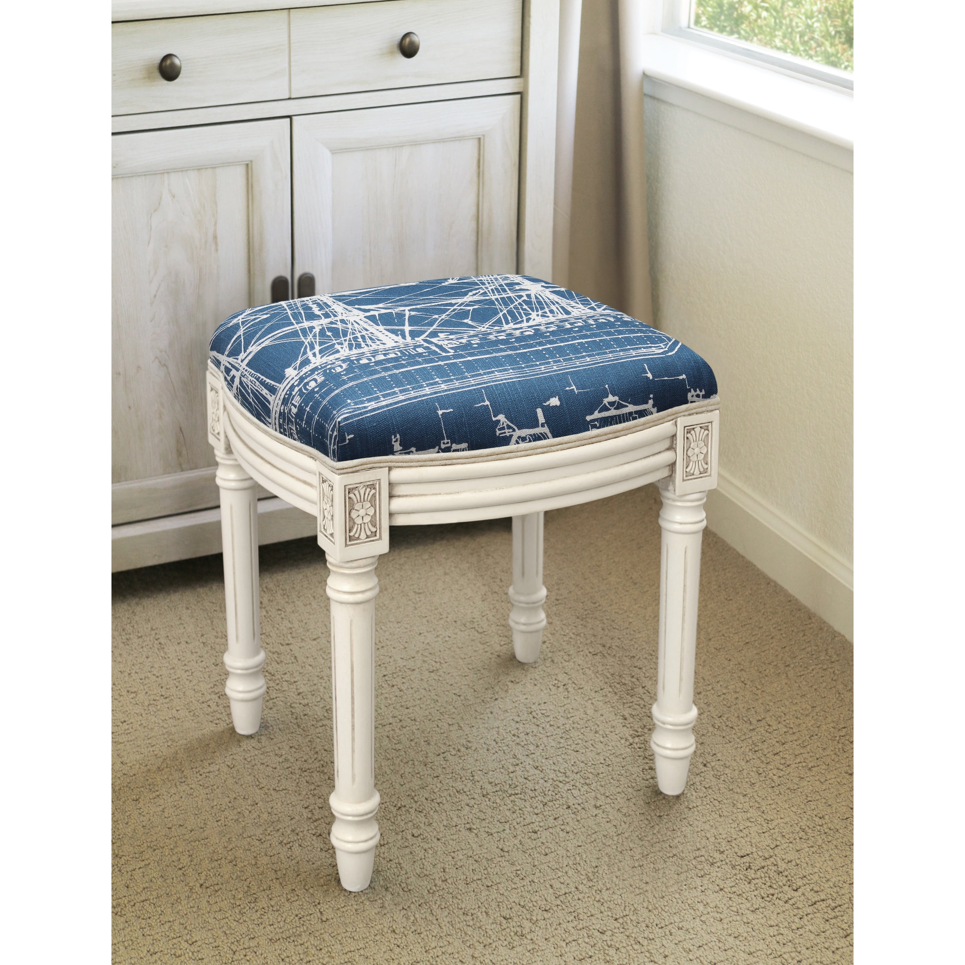 Navy Blue and Antique White Nautical Vanity Stool