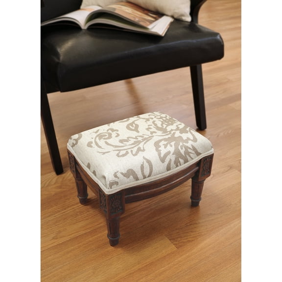 123 Creations Taupe Painterly Toile Footstool with wood stained finish