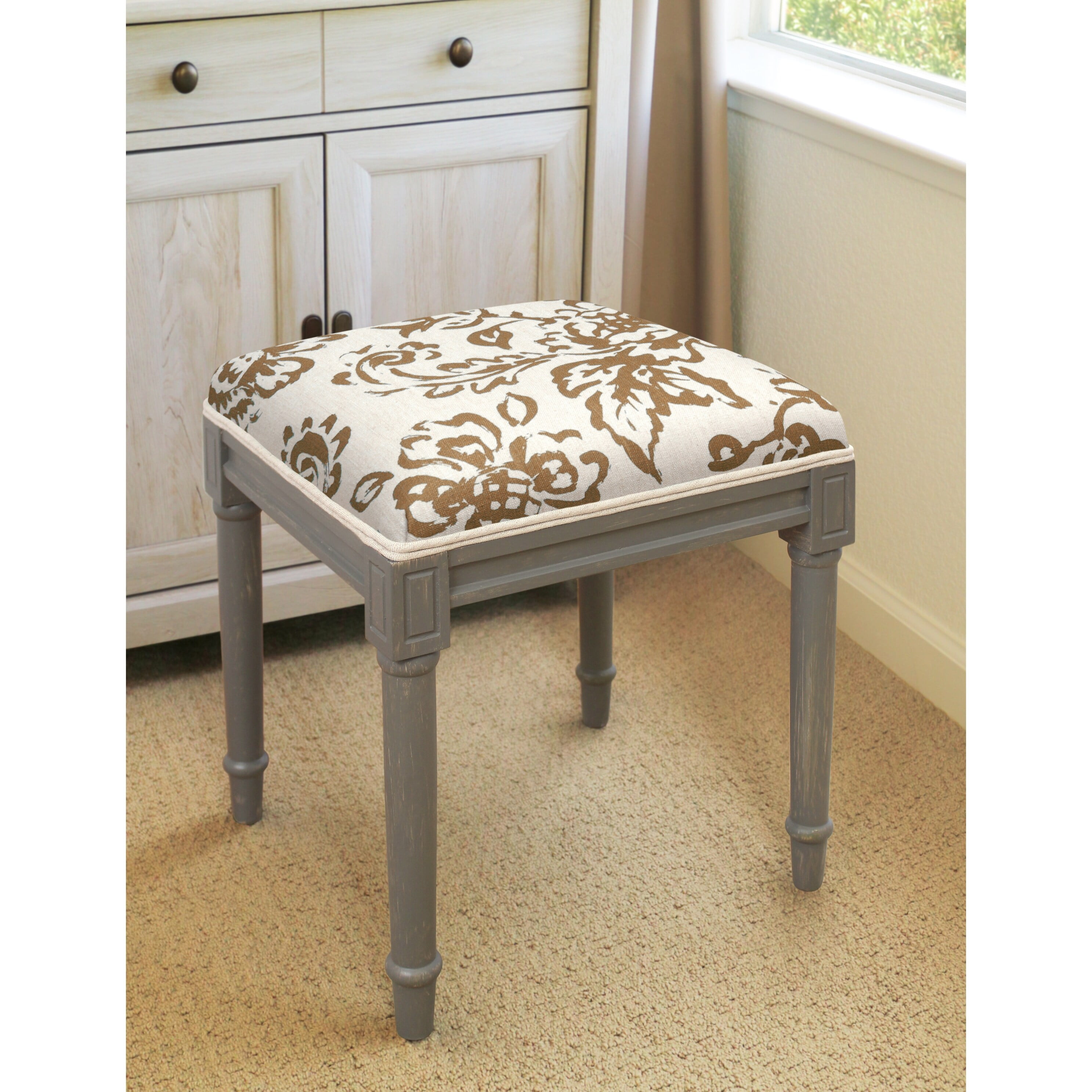 123 Creations Toile Rustic grey Vanity Stool Brown