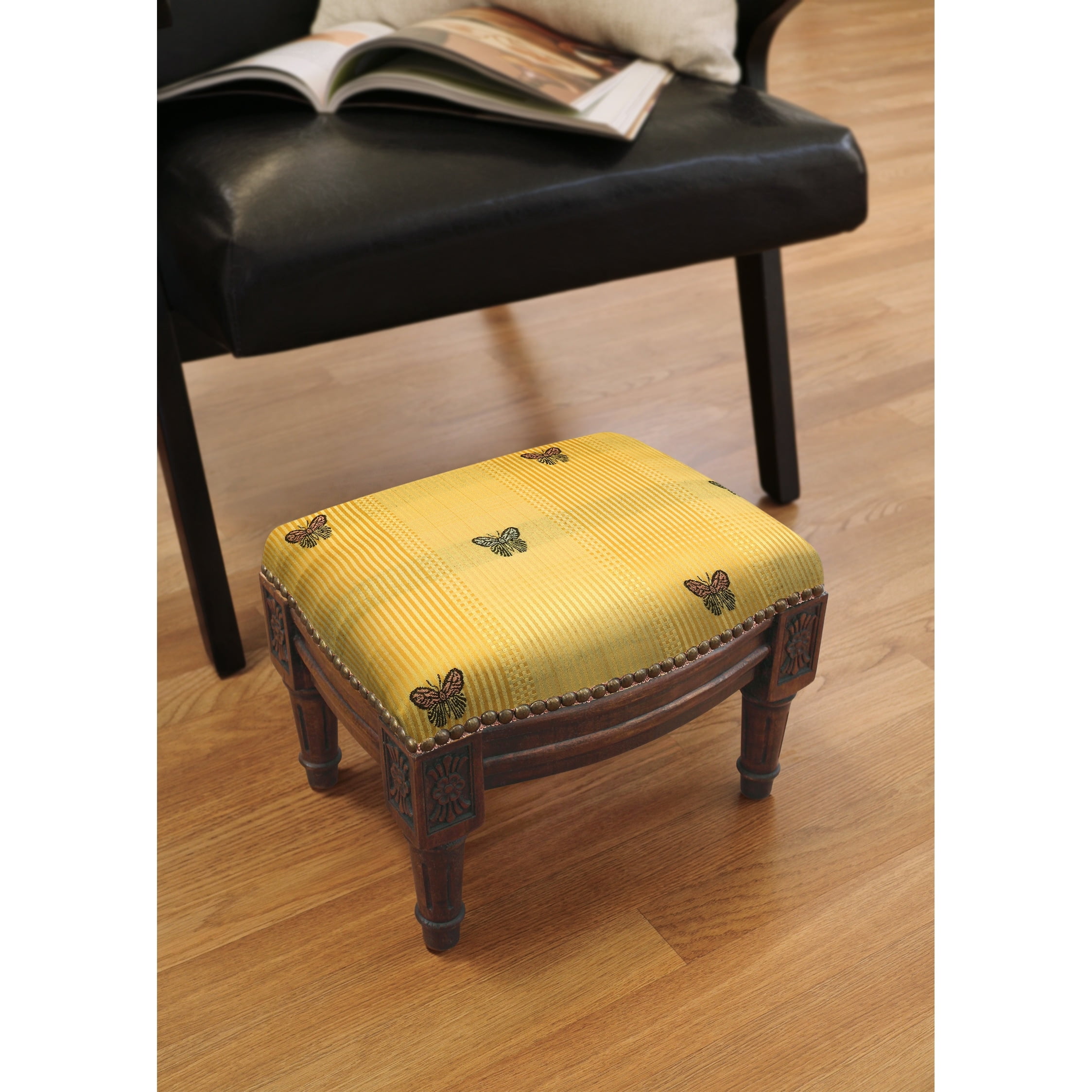 Yellow Butterfly Linen and Wood Footstool with Nailhead Trim