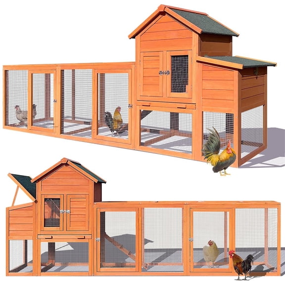 123'' Large Chicken Coop with Run, Wooden Hen House for 5-10 Chickens, Outdoor Chicken Run Poultry Cage Rabbit Cage Duck House with Nesting Box, Ramp & Pull-on Tray