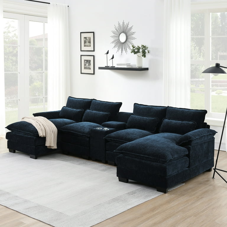 123 Modern Sectional Sofa U Shaped Sofa Couch Comfy Sleeper Sofa Couch with Console Cupholders USB Ports 6 seat Upholstered Symmetrical Sofa
