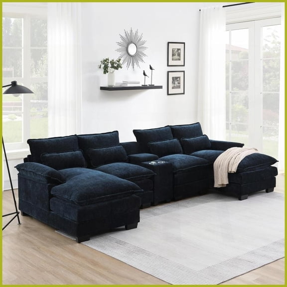 123'' Modern U-Shaped 6-Seat Chenille Sectional Sofa with Console, Cup Holders & USB - for Living Room/Apartment
