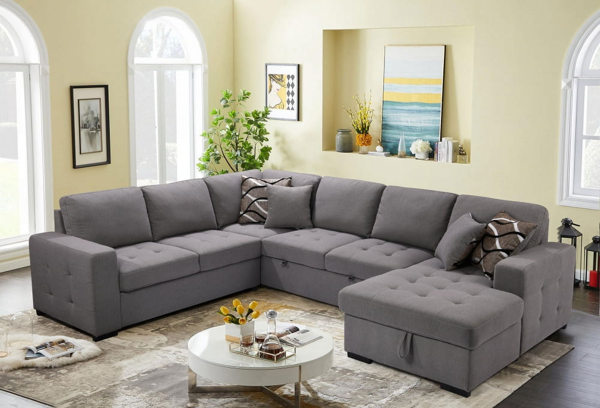 123 Oversized Sectional Sofa U Shaped Couch With Storage Chaise And Pull Out Seating Convertible Futon Sleeper 4 Throw Pillows Cushion Backs For Living Room Grey Com