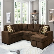 123" Oversized Sectional Sofa with Storage Chaise, U Shaped Sectional Couch with 4 Throw Pillows for Large Space Dorm Apartment. Chocolate