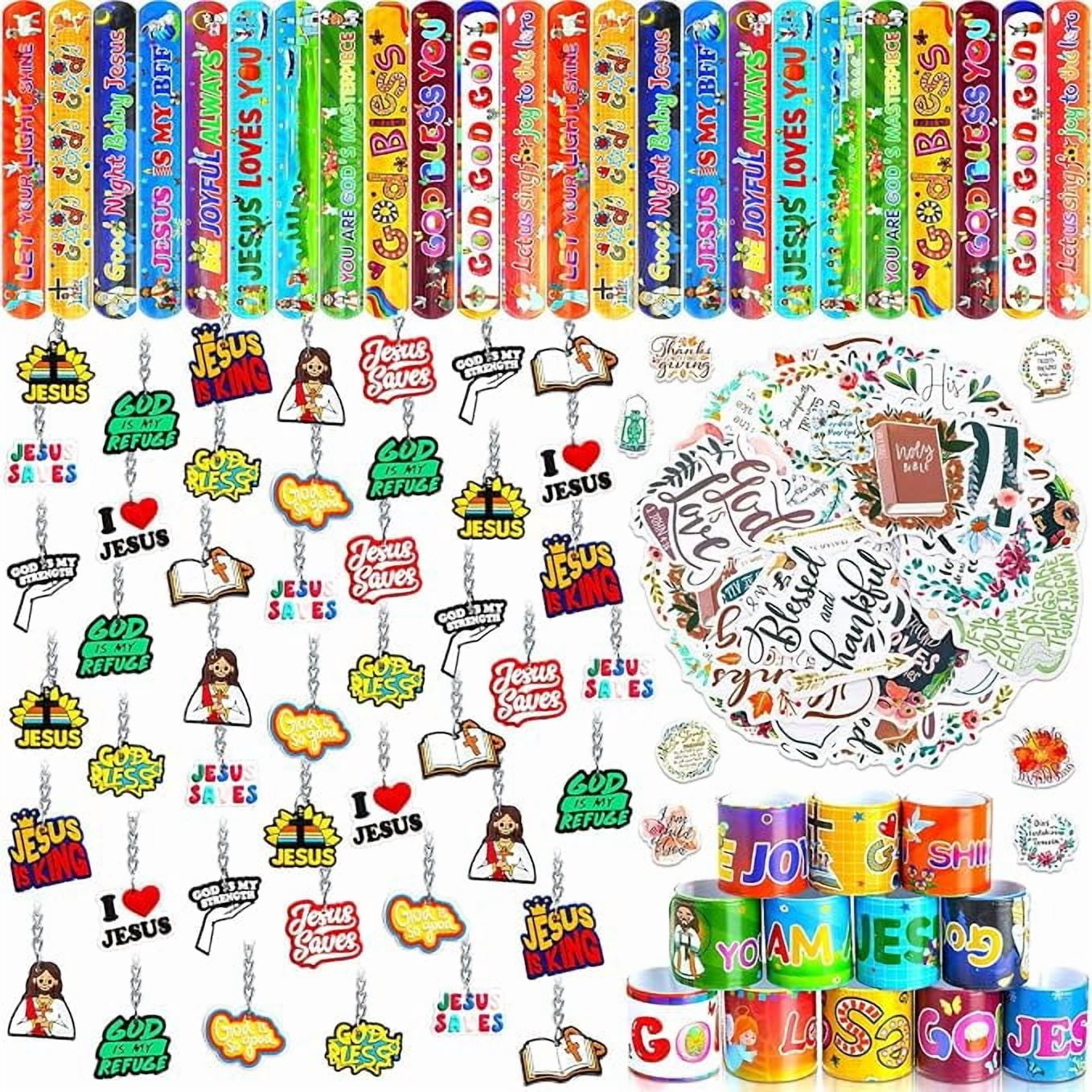 Scripture Key Chains 123 Piece Christian Party Favors with Slap Bracelets Stickers and Jesus ...