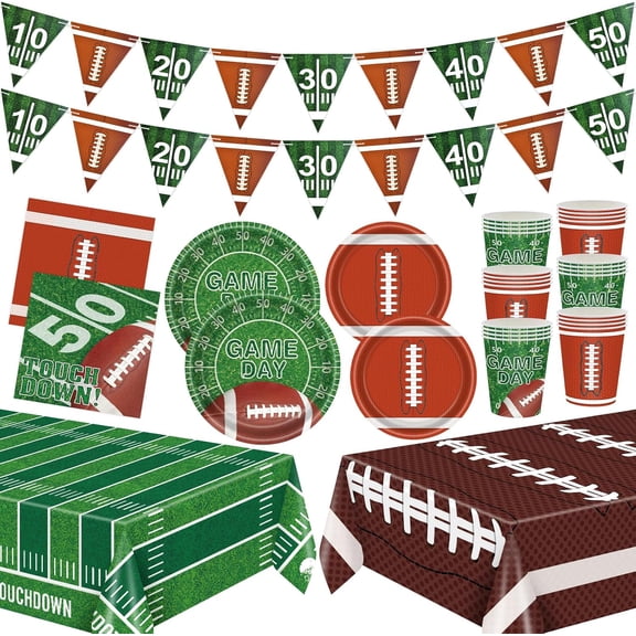 123-Piece Football Party Tableware Set - Serves 24 Guests, Includes Plates, Cups, Napkins, Tablecloths & Banners - Disposable Game Day, Tailgate, Super Bowl, Birthday Party Decorations