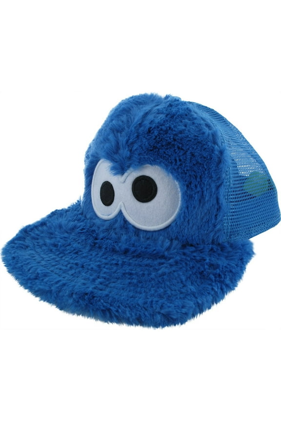 123 Sesame Street Cookie Monster Fuzzy Tv Show Snapback Hat Cap Blue Mesh Youth