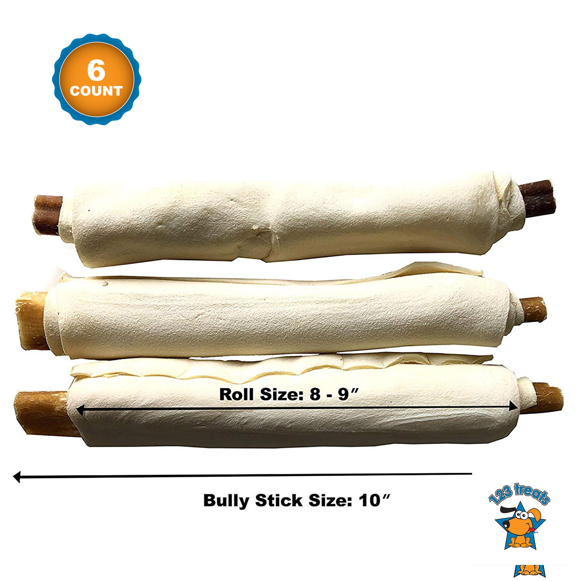 123 Treats Rawhide Retriever Roll 89" with Bully stick inside (6