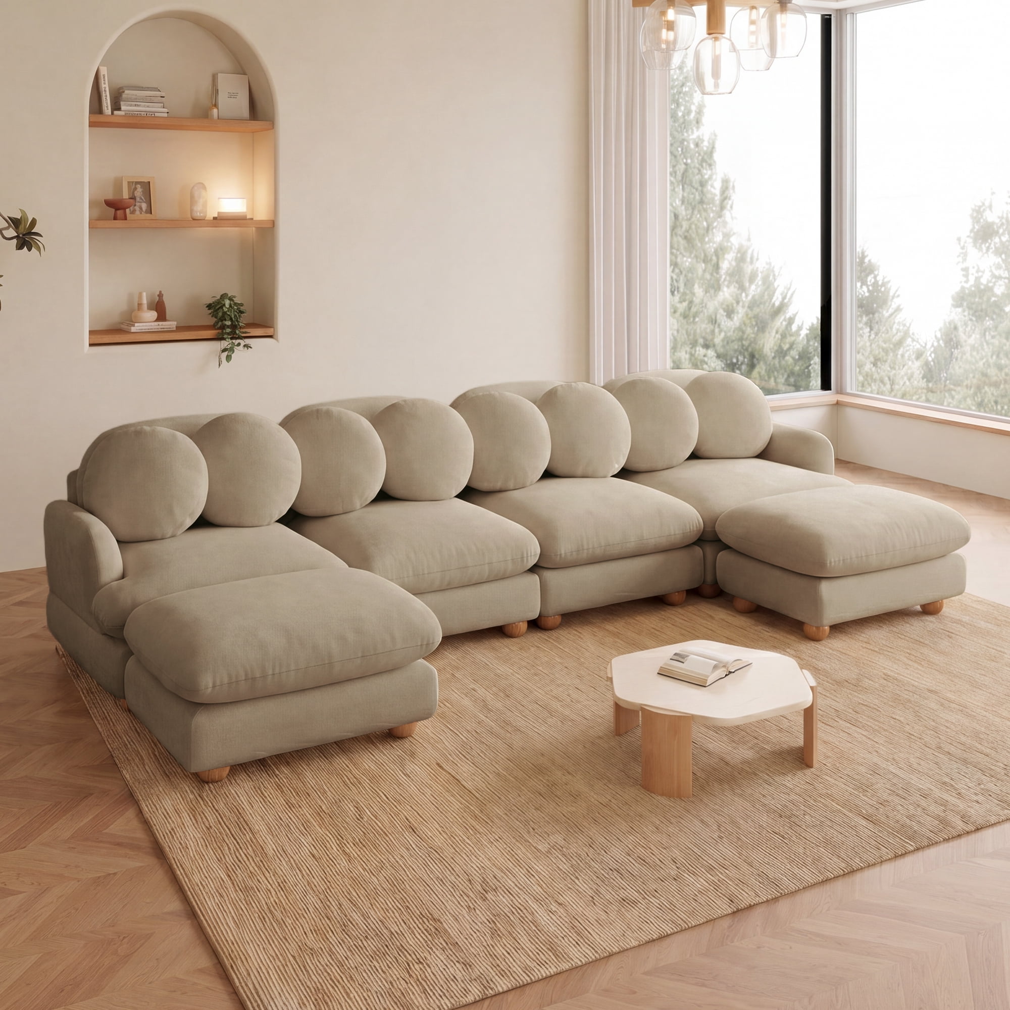 123" U-shaped 6 Seater Chenille Modular Sectional Sofa Couch with 8 Throw Pillows and 2 Ottoman