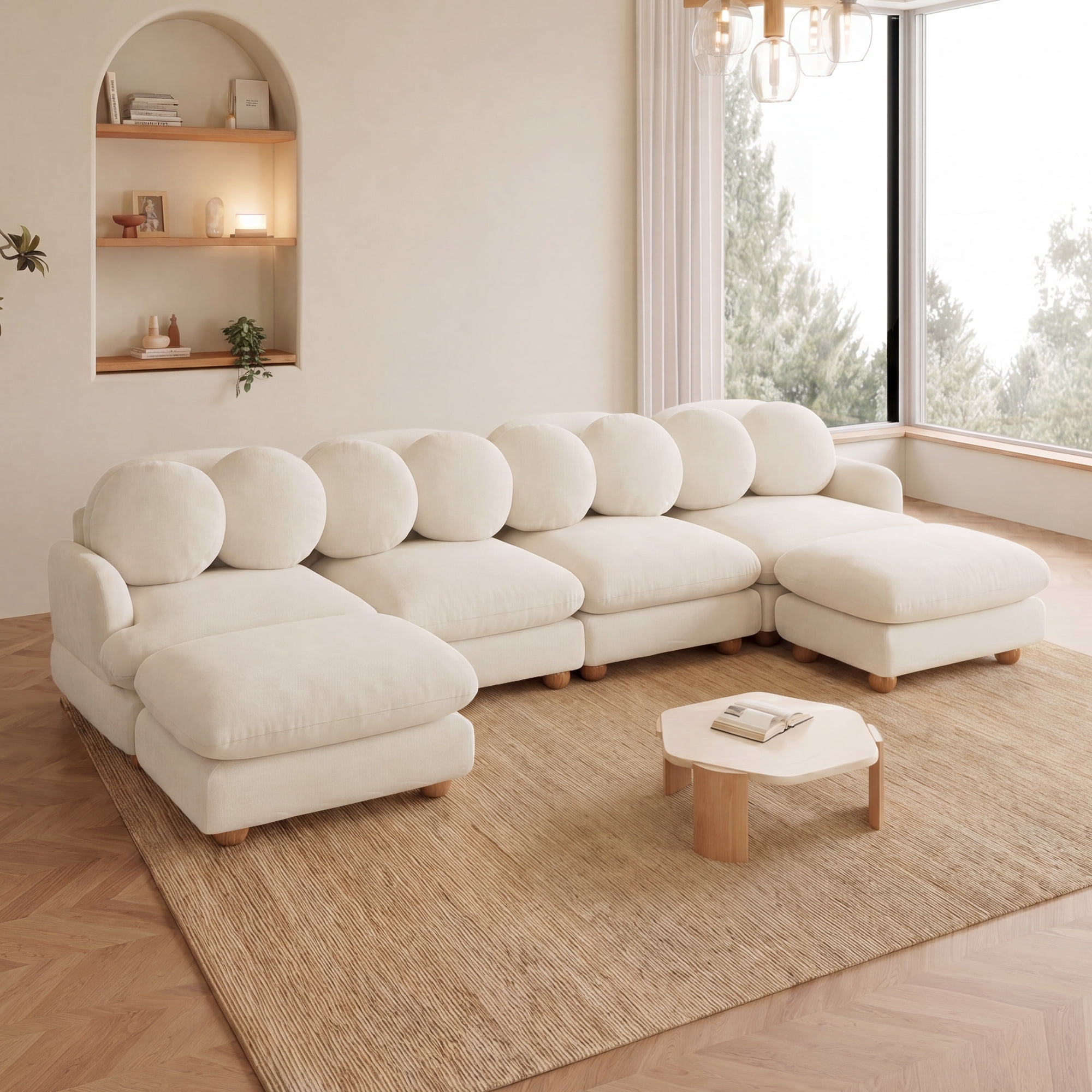 123" U-shaped 6 Seater Chenille Modular Sectional Sofa Couch with 8 Throw Pillows and 2 Ottoman
