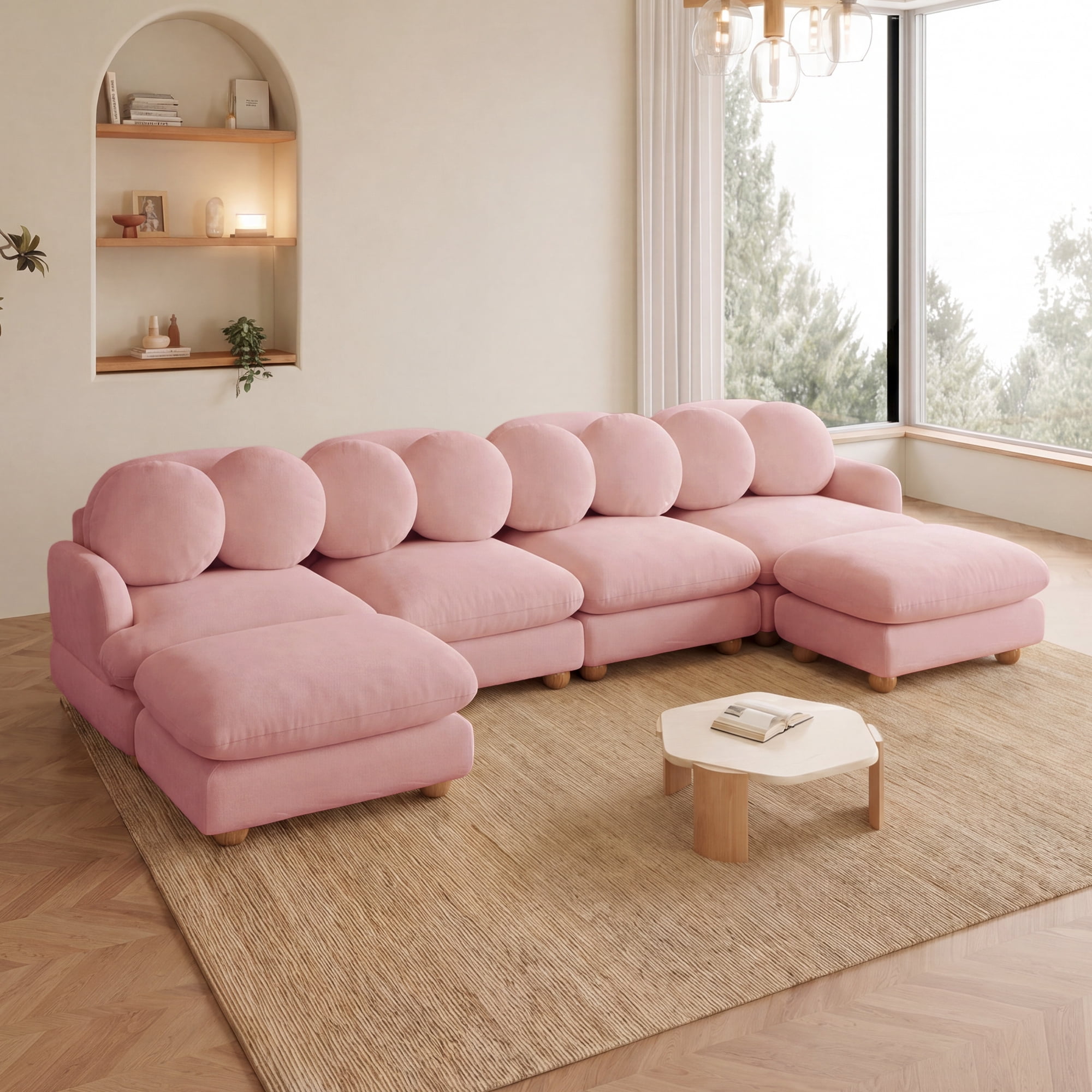 123" U-shaped 6 Seater Chenille Modular Sectional Sofa Couch with 8 Throw Pillows and 2 Ottoman