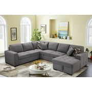 123" U-shaped Sectional Sofa with Storage Chaise and Pull-out Seating, Convertible Oversized Futon Couch Sleeper with 4 Throw Pillows and Cushion Backs for Living Room, Apartment, Gray