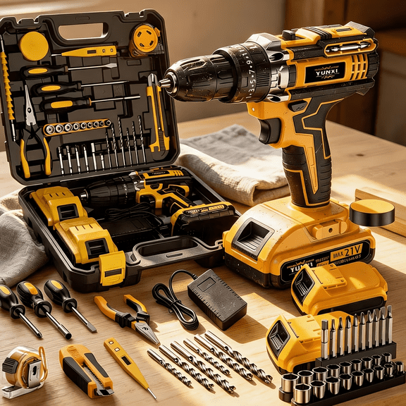 Cordless Hammer Drill - 21V Brushless Electric Power Impact Drill Set with 2 Battery & 1/2 Inch Self-Locking Metal Chuck & Accessory for Drilling Wood Bricks Metal Concrete