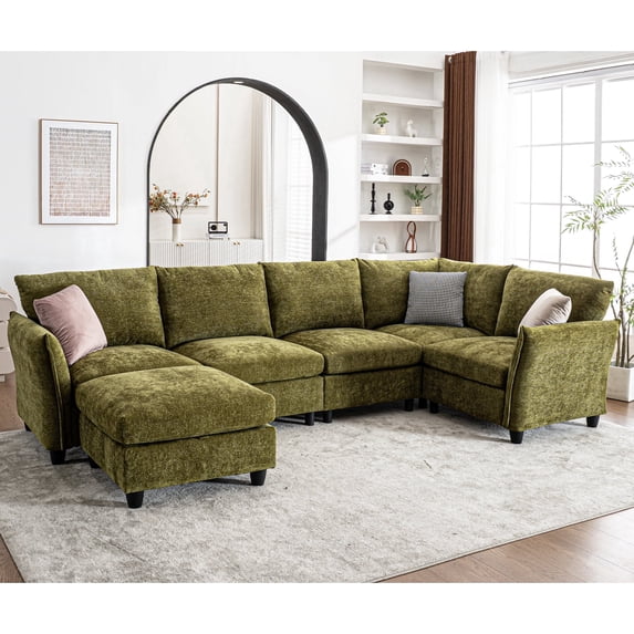124.4" 6-Seater U-Shaped Modular Sectional Sofa with Sparkling Glitter Chenille Fabric & Storage Ottoman