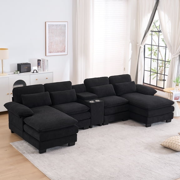124.4" Comfortable and Plush Living Room Sectional Sofa with Double Recliner and Deep Seat, U-Shaped Cloud Sectional Couch with Center Console