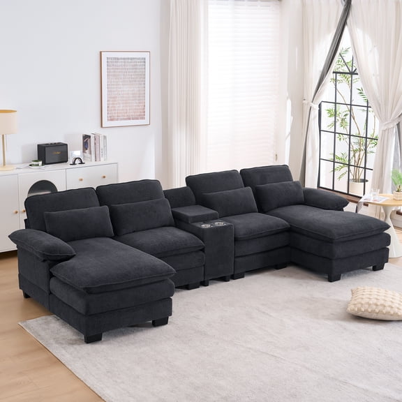 124.4" Comfortable and Plush Living Room Sectional Sofa with Double Recliner and Deep Seat, U-Shaped Cloud Sectional Couch with Center Console