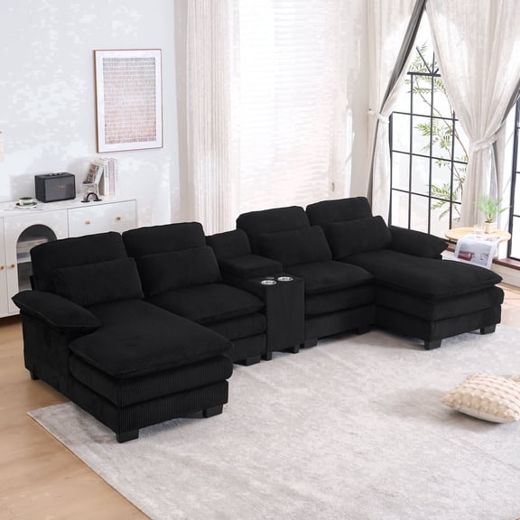 133"Comfortable and Plush Living Room Sectional Sofa with Double Recliner and Deep Seat, Corduroy U-Shaped Cloud Sectional Couch with Center Console, Black