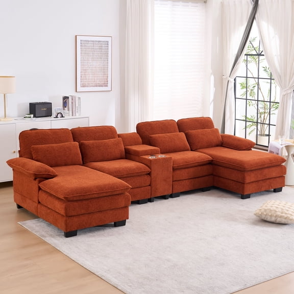 124.4" Comfortable and Plush Living Room Sectional Sofa with Double Recliner and Deep Seat, U-Shaped Cloud Sectional Couch with Center Console