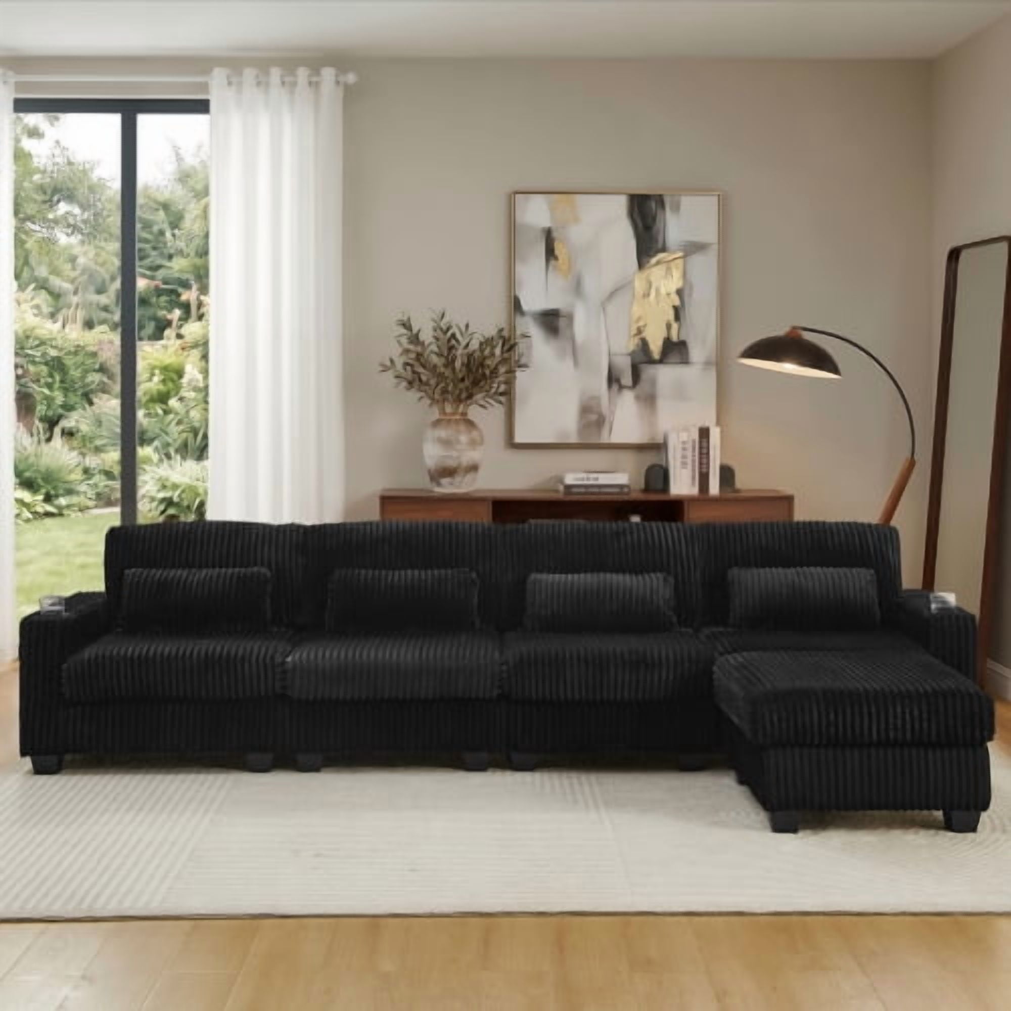 124.5" L-Shaped Corduroy Modular Sectional Sofa with Detachable Ottoman, Storage Armrests, Cup Holders & 4 Lumbar Pillows, Black