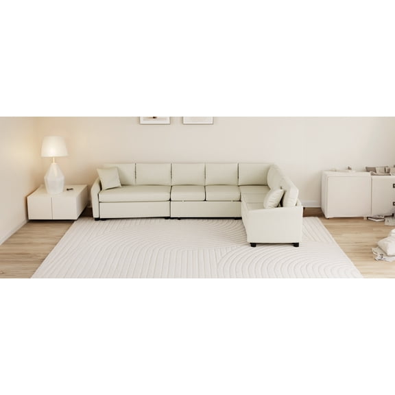 124.8" L-Shaped Convertible Sofa Bed Sleeper in Beige Chenille | Pull-Out Bed, 2 USB Ports & Power Sockets | 6-Seater Living Room Sofa | Comfortable Foam Filler