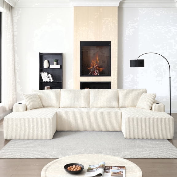 Vanress 124 Inch U Shaped Modular Sectional Sofa, Modern Corduroy Boneless Sofa for Living Room, Upholstered Deep Seat Cloud Sofas Couches, No Assembly Required, Beige