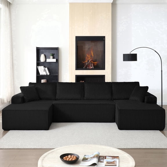 Vanress 124 Inch U Shaped Modular Sectional Sofa, Modern Corduroy Boneless Sofa for Living Room, Upholstered Deep Seat Cloud Sofas Couches, No Assembly Required, Black