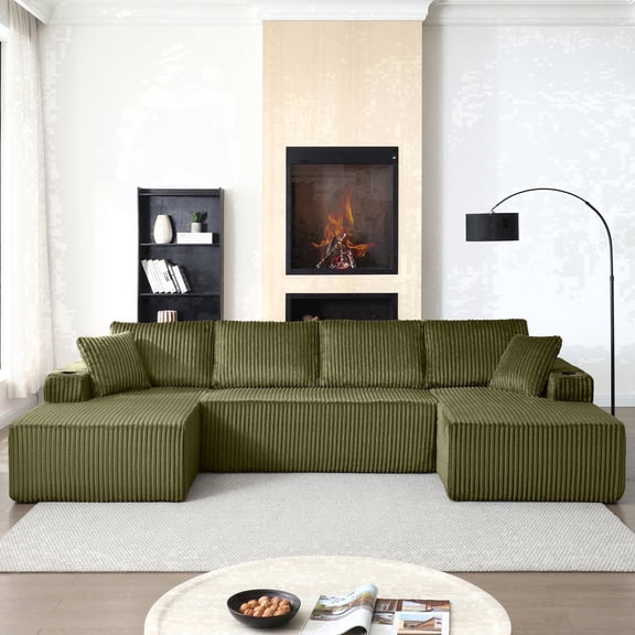 Vanress 124 Inch U Shaped Modular Sectional Sofa, Modern Corduroy Boneless Sofa for Living Room, Upholstered Deep Seat Cloud Sofas Couches, No Assembly Required, Green