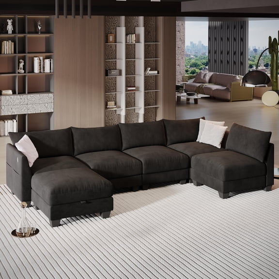 124" Modular Sectional Sofa, 6-Seater U&L Shaped Modern Linen Cloud Couch with Storage Ottoman & USB Ports for Living Room