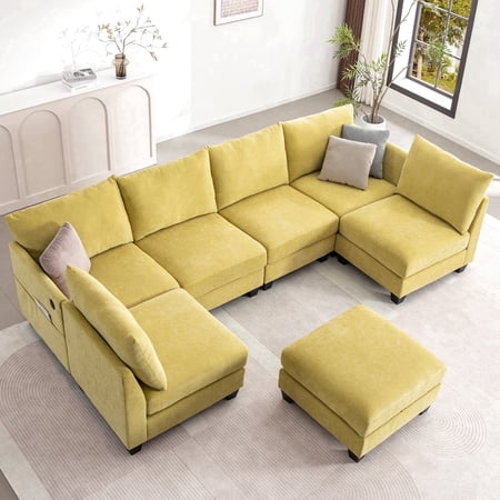 124" Modular Sectional Sofa, 7-Seater U&L Shaped Modern Linen Cloud Couch with Storage Ottoman & USB Ports for Living Room