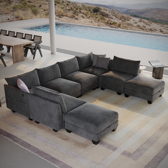 124" Modern Cloud Modular Sectional Sofa, 8-Seater U-Shaped Chenille Couch with Storage Ottoman and USB Charging Ports for Living Room