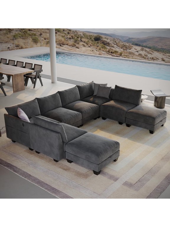 124" Modern Cloud Modular Sectional Sofa, 8-Seater U-Shaped Chenille Couch with Storage Ottoman and USB Charging Ports for Living Room