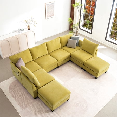 124" Modular Sectional Sofa, 8-Seater U&L Shaped Modern Linen Cloud Couch with Storage Ottoman & USB Ports for Living Room