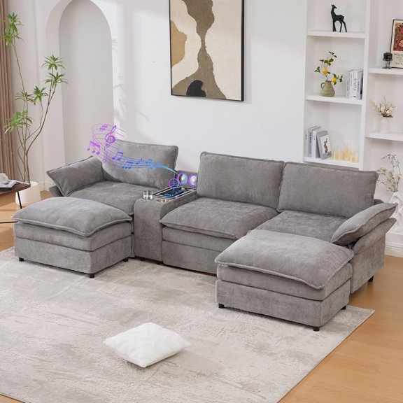 124'' Modular Sectional Sofa, U-Shaped Chenille Cloud Couch with Storage, 2 Ottomans, Wireless Charging, Loudspeaker, Light, 2 Cup Holders, Double Chaise Couches for Living Room, Office, Grey