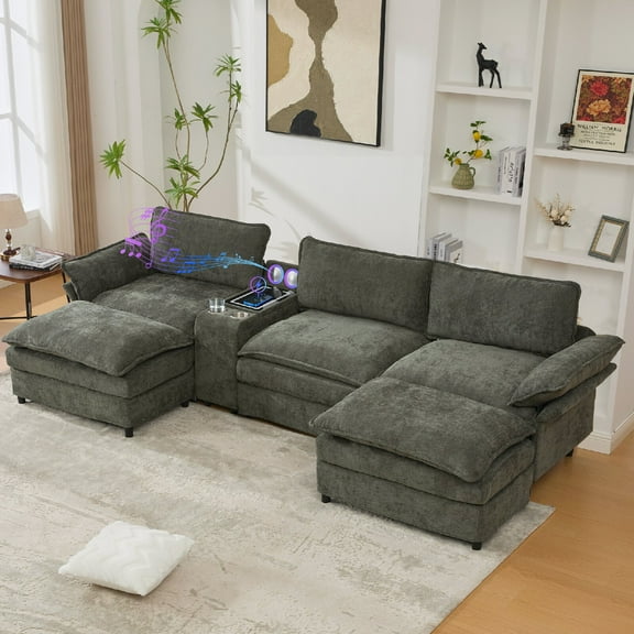 124" Modular Sectional Sofa with Wireless Charging and Bluetooth Speakers, 5-Seater Chenille Sofa Couch with Storage Console and 2 Cup Holders, 2 Movable Footstools, Adjustable Handrail, Green