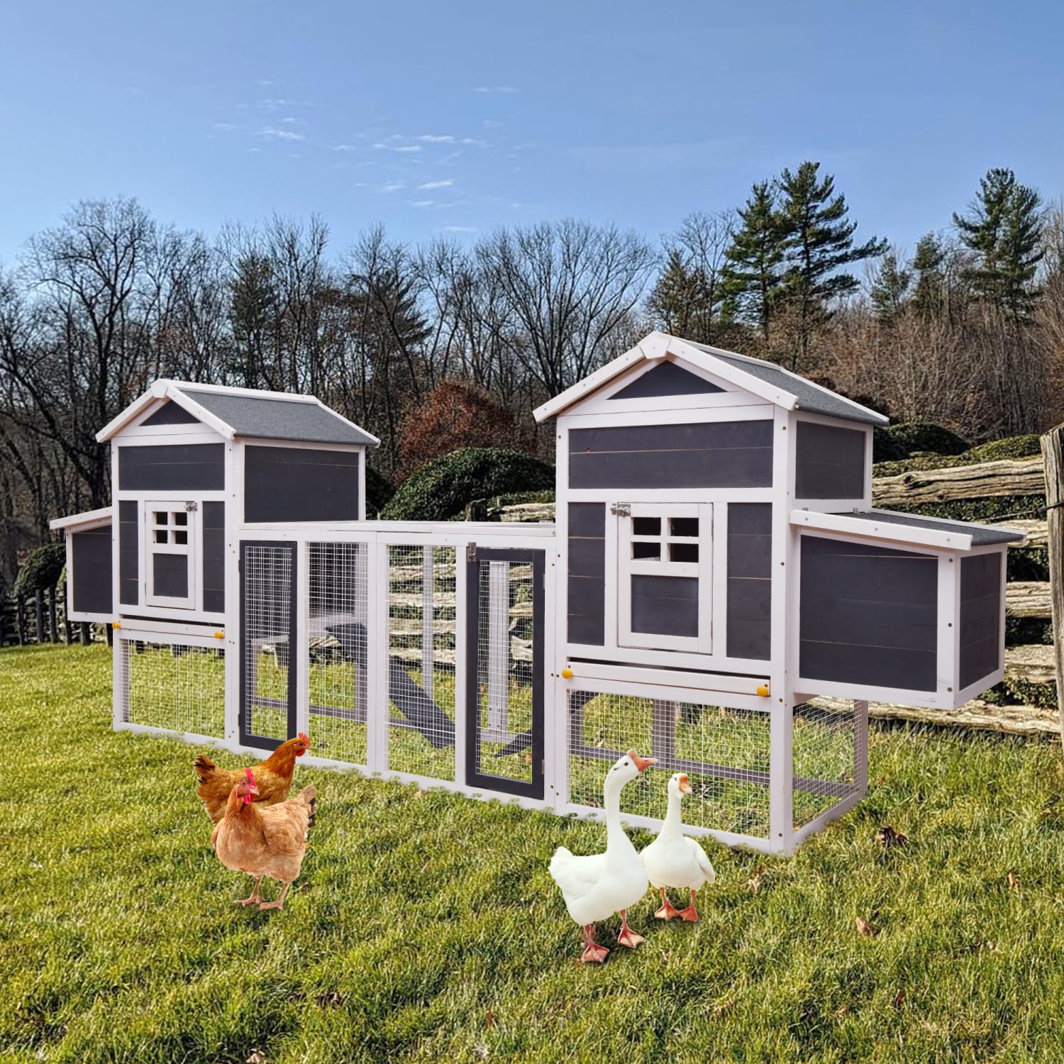 124＂Outdoor Poultry Cage with Gravel Asphalt Roof, Large Wooden Chicken