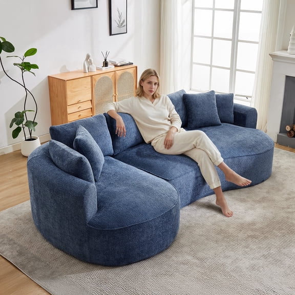 124" Oversized Boneless Couches for Living Room, Sectional Curved Sofa with 7 Pillows, L-Shape Boneless Couch with Deep Seat, High-Density Memory Foam, No Assembly Required, Chenille (Blue)