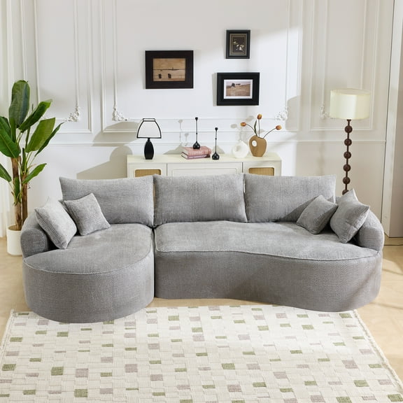 124" Oversized Boneless Couches for Living Room, Sectional Curved Sofa with 7 Pillows, L-Shape Boneless Couch with Deep Seat, High-Density Memory Foam, No Assembly Required, Chenille (Grey)
