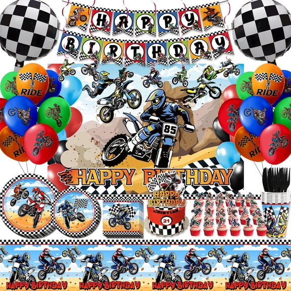 124 PCS Dirt Bike Birthday Party Decorations Set Motocross Theme Party Supplies Motorcycle Birthday Decorations for Fans Tableware Banner Kit for Motocross Themed Celebrations Y102