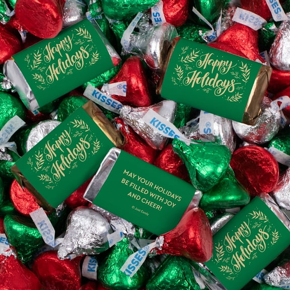 124 Pcs Christmas Party Chocolate Candy Mix Miniatures & Red, Green And Silver Kisses - Happy Holidays (1.52lb)
