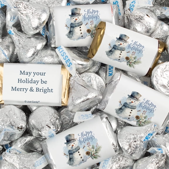 124 Pcs Happy Holidays Party Chocolate Candy Mix Assorted Miniatures & Silver Foiled Chocolate Kisses - Snowman (1.52lb)