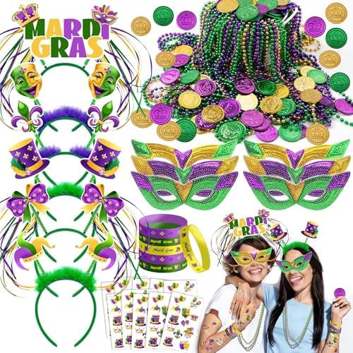 124 Pcs Mardi Gras Accessories Set Bulk Party Favors Supplies with Headbands Masks Beads Necklaces Coins Tattoos for Mardi Gras Masquerade Parade Carnival Parade$$Home Decor, Kitchen, & Other