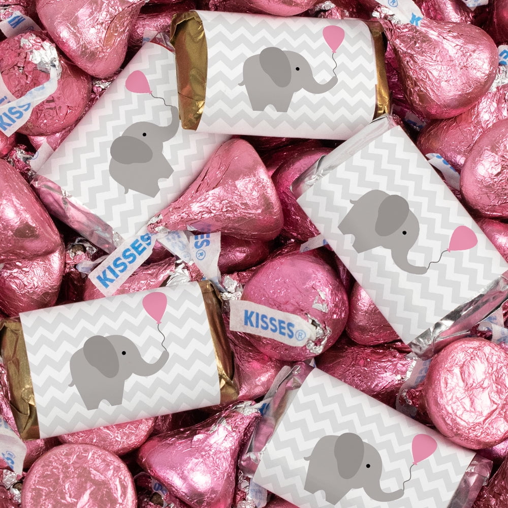 124 Pcs Pink Girl Baby Shower Candy Party Favors Elephant Hershey's Miniatures & Kisses (1.52 lbs, Approx. 124 Pcs)