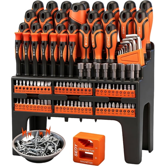 124-Piece Magnetic Screwdriver Set with Plastic Racking, Precision Screwdrivers, Magnetizer, Demagnetizer, Allen Keys, Nut Drivers, Ratchet Handles, Sockets & More - DIY Tools for Men, Tools Gift